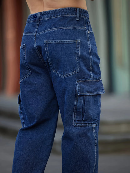 Men's Deep Blue Washed Denim Workwear Jeans Casual Multiple Pockets Design Loose Wide Leg Trousers Y2K Style Cargo Pants