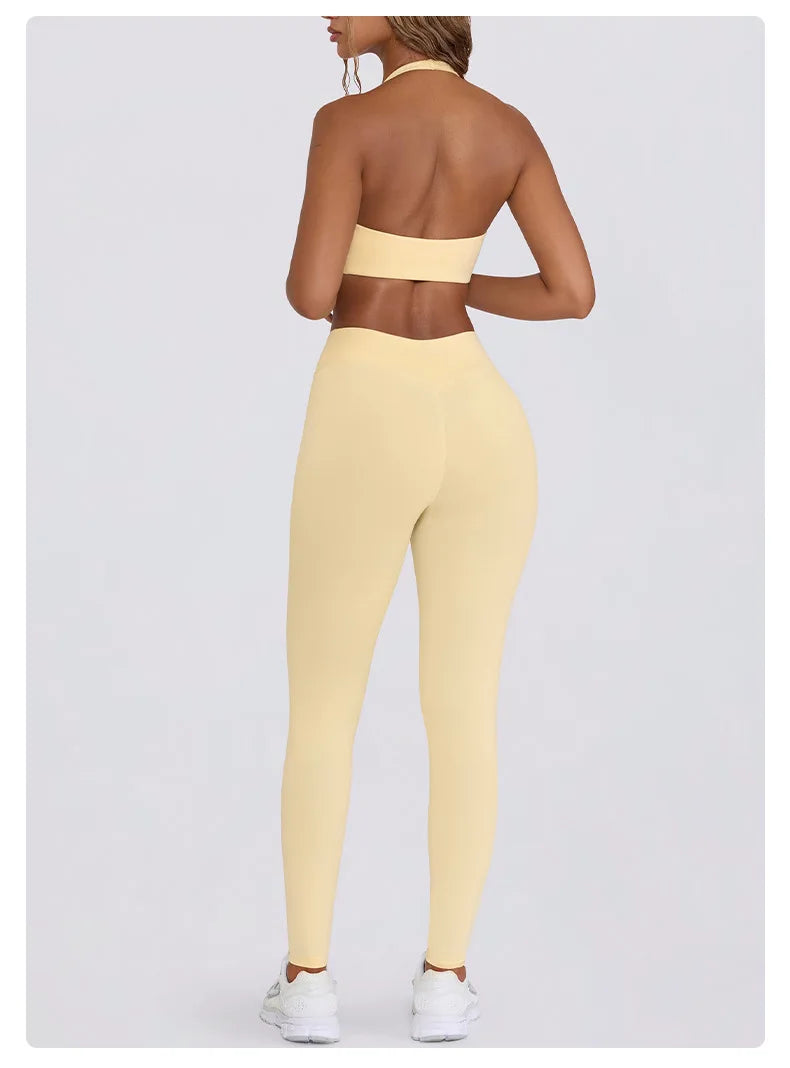 Women's Yoga Suits Quick Drying Leggings Gym Shorts Nude Hanging Neck Bra Running Gym Exercise Sets