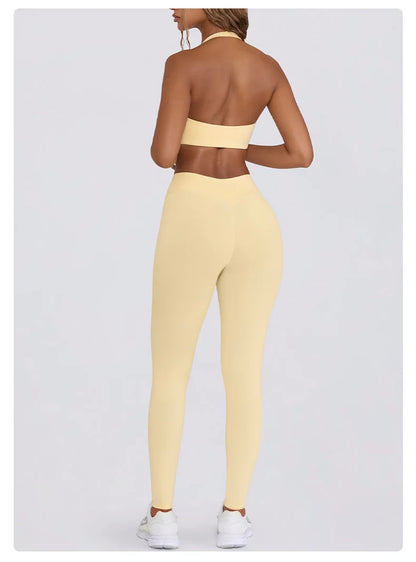 Women's Yoga Suits Quick Drying Leggings Gym Shorts Nude Hanging Neck Bra Running Gym Exercise Sets