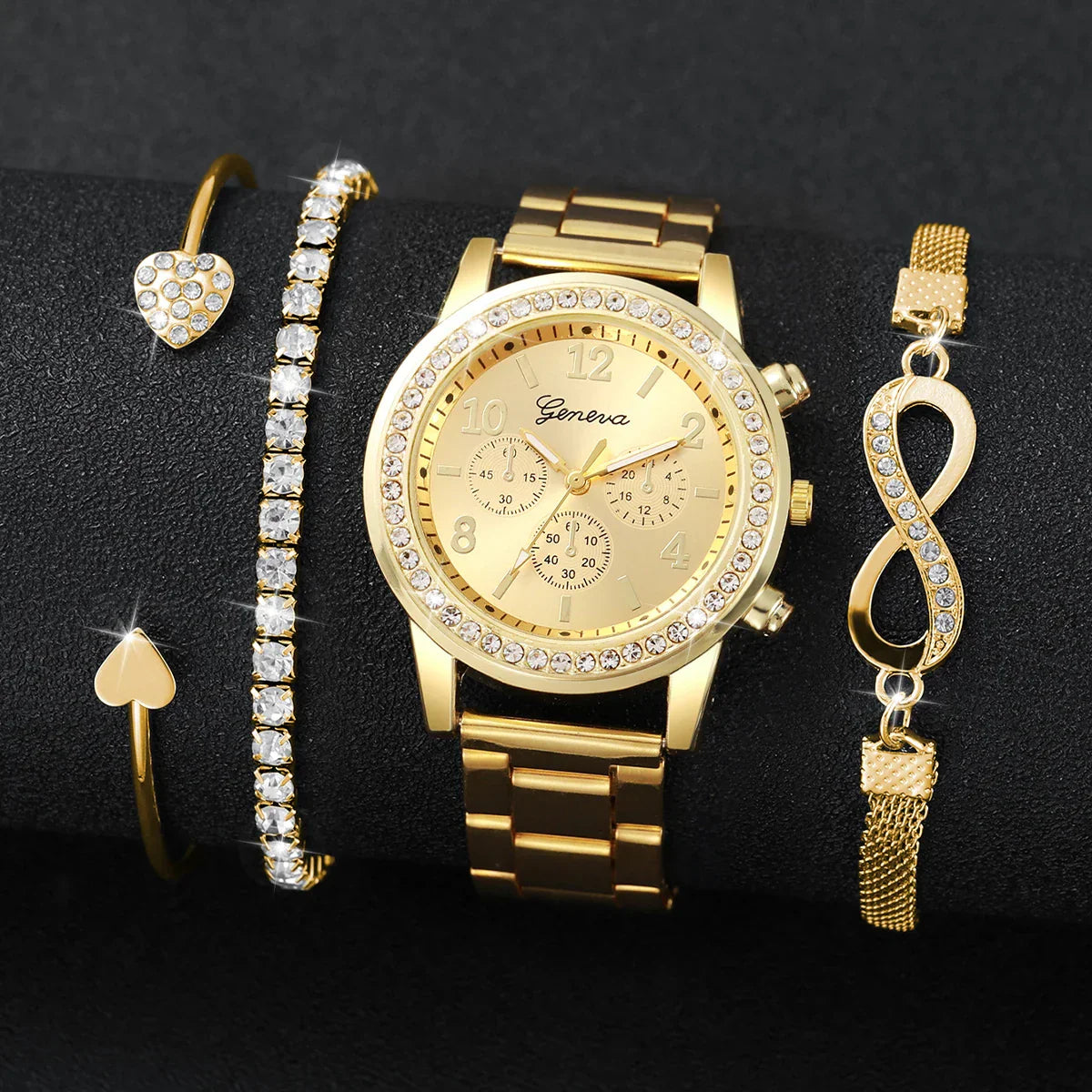 4PCS Fashion Women Watch Luxury Rhinestone Steel Band Ladies Quartz Watch Bracelet Set Relogio Feminino（Without Box）