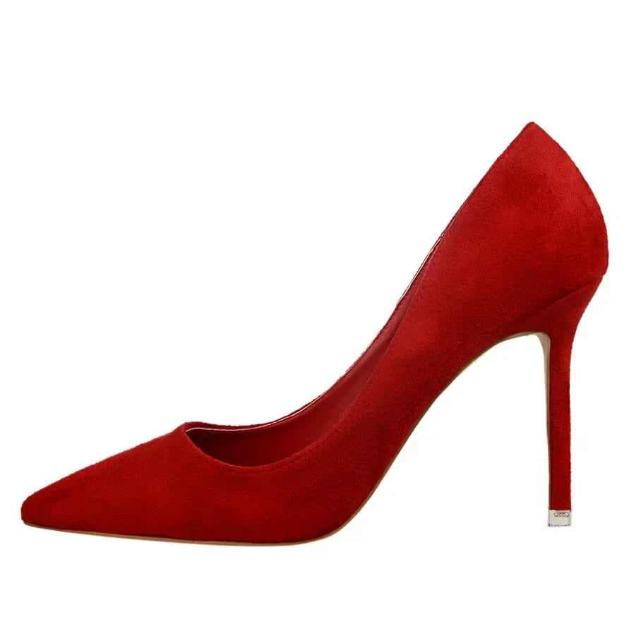 Women Elegant Flock Orange Purple Evening Banquet Party Pumps Lady Classic Scarpin New Burgundy 9cm High Heels Shoes Plus Size