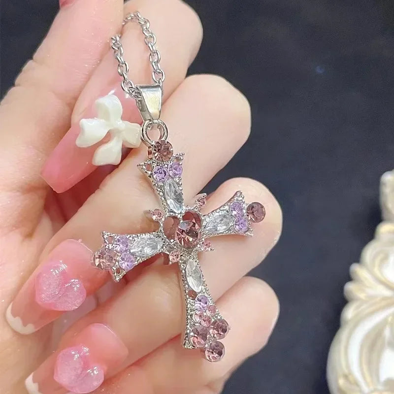 Crystal Cross Pendant Necklace for Women Girls  Shiny Sweet Chain Punk Party Fashion Pendant Fashion Y2K Jewelry Accessories
