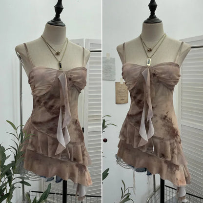 2025 Mesh Camisole for Women Stretch Casual Tie Dyeing Braless Sleeveless Adjustable Straps Asymmetrical Ruffle Tops