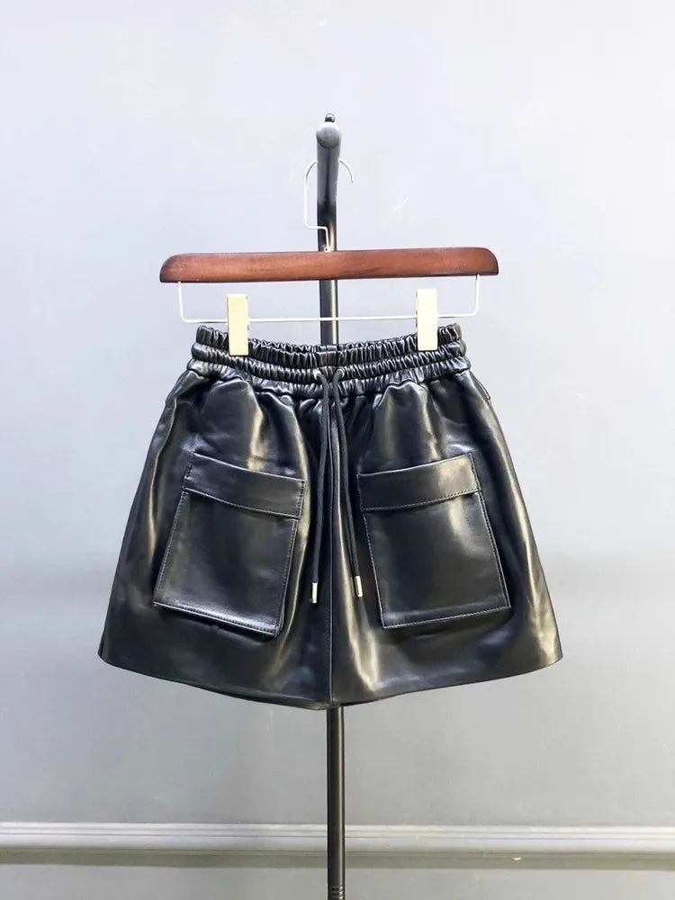 New Autumn Natural Sheepskin Elastic Waist Shorts Skirts A-Line Pocket Wide Leg Casual Above Knee Mini Genuine Leather Skirt 4XL