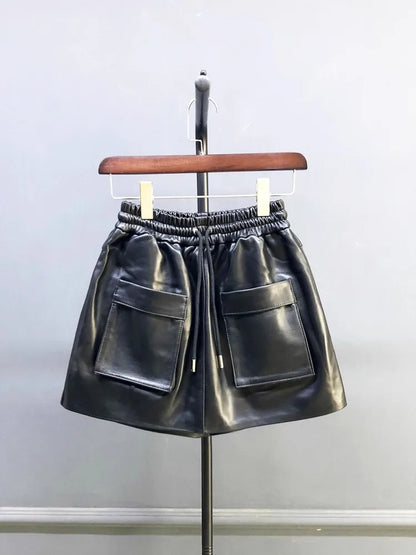 New Autumn Natural Sheepskin Elastic Waist Shorts Skirts A-Line Pocket Wide Leg Casual Above Knee Mini Genuine Leather Skirt 4XL