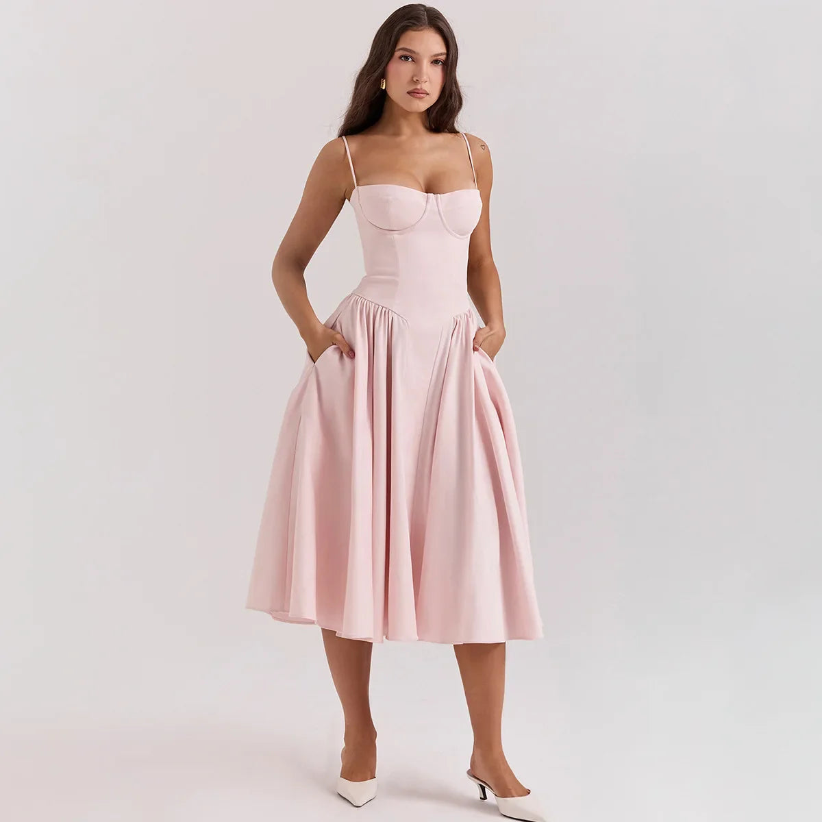 Women Elegant Sleeveless Backless Pleated Dresses Lady Sexy Solid Sling Midi Dress 2024 Female Party Evening A-line Robes