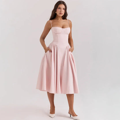 Women Elegant Sleeveless Backless Pleated Dresses Lady Sexy Solid Sling Midi Dress 2024 Female Party Evening A-line Robes