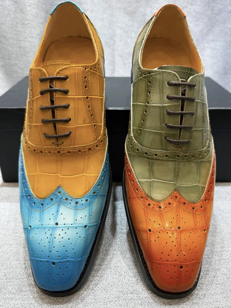 Men's Genuine Leather Wingtip Oxfords Shoes Italian Wedding Dress Shoes Green/Camel Business Formal Male Footwear
