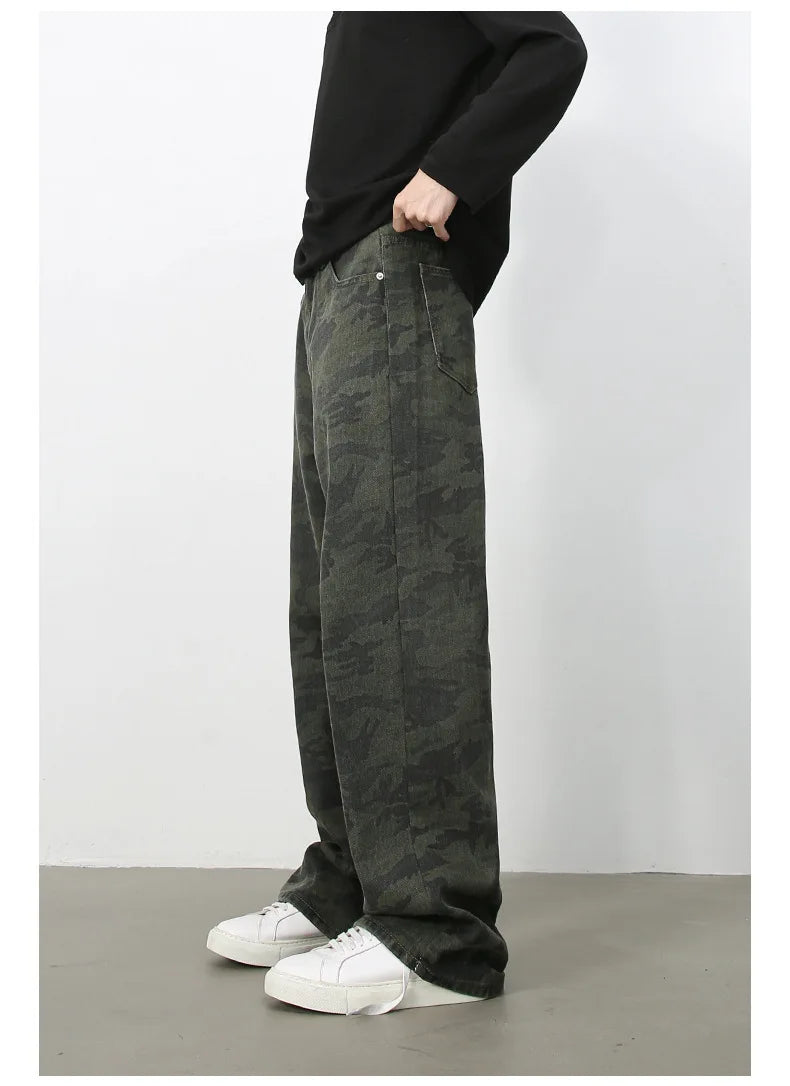 Tide Camouflage Jeans Men's Ins Loose Straight Wide Leg Casual Denim Pants Loose Male Trousers 12C2036