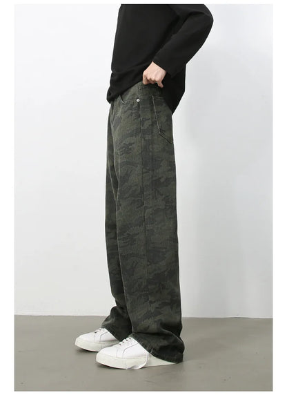 Tide Camouflage Jeans Men's Ins Loose Straight Wide Leg Casual Denim Pants Loose Male Trousers 12C2036