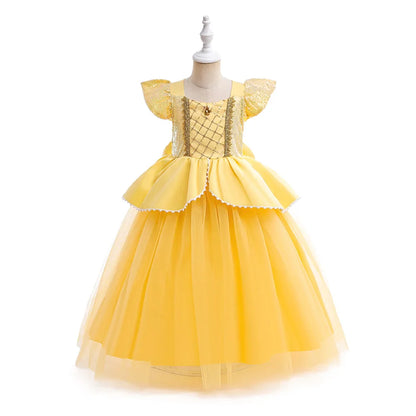 Fancy Girls Belle Halloween Costumes Carnival Cosplay Cartoon Christmas Beauty Party Princess Dress Tulle Birthday Kids Clothing