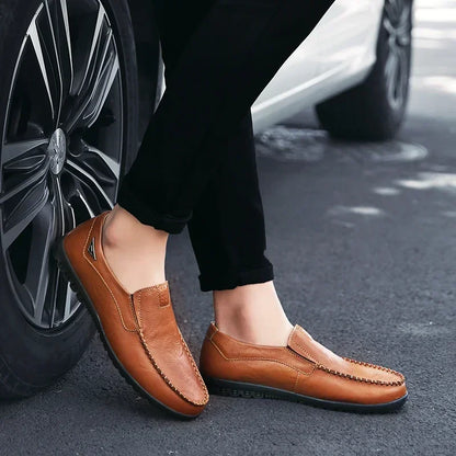 Men’s leather loafers dress shoes casual formal cowhide slip-on brown