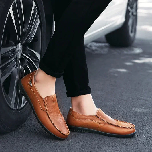 Men’s leather loafers dress shoes casual formal cowhide slip-on brown