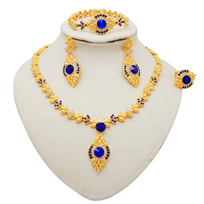 Women Gold Color Jewelry Sets Blue Pendant Necklace Earrings Bracelet Ring Sets Party Gifts