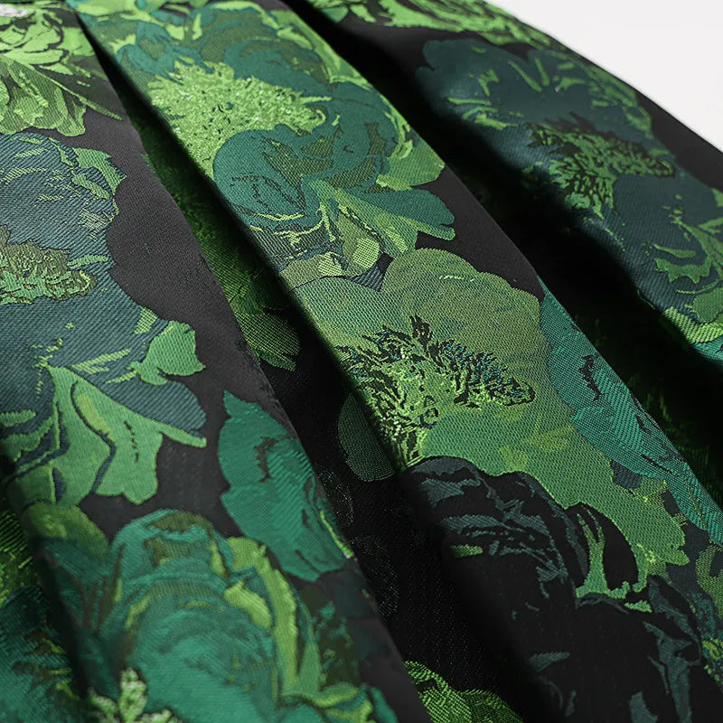 High Quality Elegant Lady Hepburn Style Mid-long Puff Skirt All-match Spring Autumn High Waist Green Jacquard Women A-line Skirt