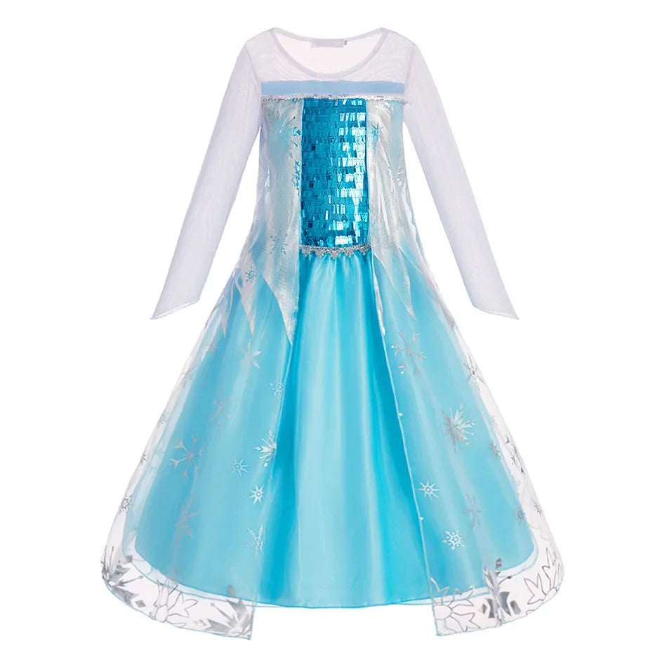 Children Carnival Blue Sequins Elsa Cosplay Dress Girls Elegant Blue Princess Costume Kids Halloween Birthday Party Clothes