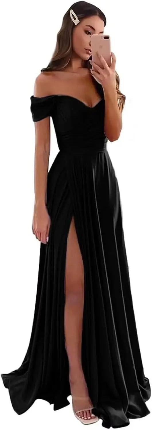 Women's Satin Prom Dresses Long Slit Formal Dresses Off Shoulder Evening Wedding Party Gowns Ruched Sweetheart Lace up Back