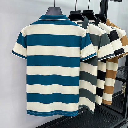 High End Embroidered Polo Shirt for Men, 2026 New Summer Striped Men's Short Sleeved T-shirt, Pure Cotton Lapel Half Sleeved Top