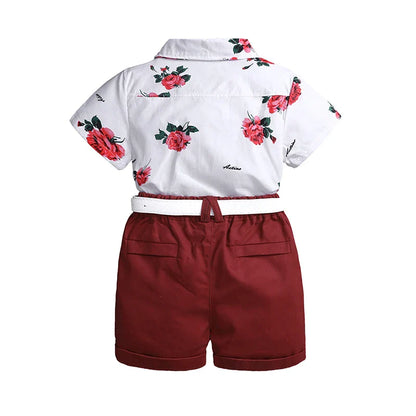 Toddler Baby Boys Sets Summer Hawaiian Outfit Infant Kids Floral Print Short Sleeve Shirt Bowtie Shirt+Shorts Gentleman Suits