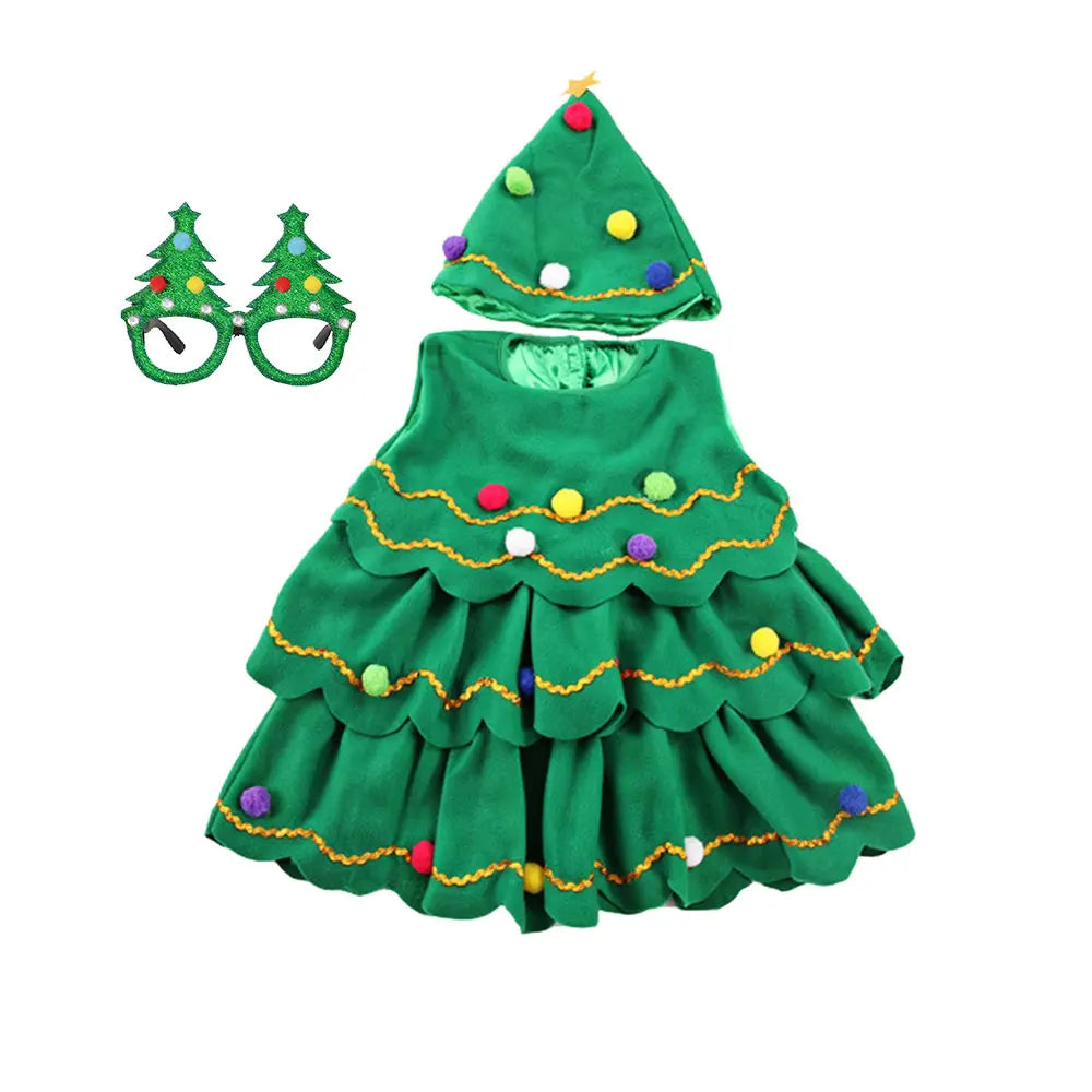 2024-2025 Girl Chritmas Tree Cosplay Costume 2 Pieces Set Dress+Hat Adorable Xmas Party Clothing Toddler St.Nicholas Day Apparel