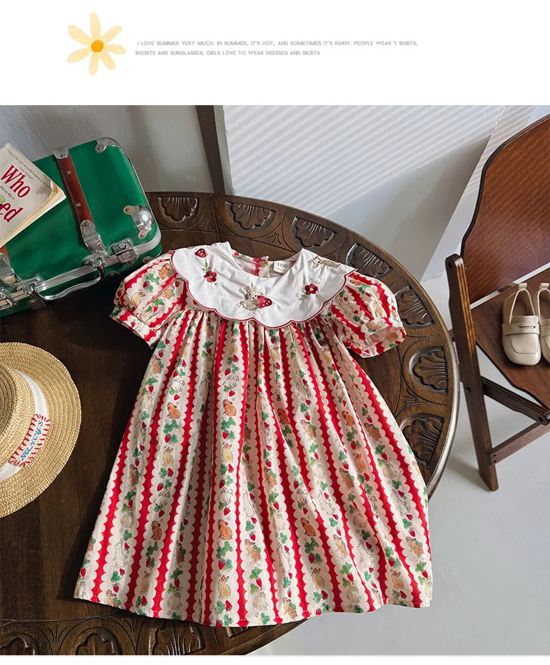 Kid Girl Adorable Short Sleeve Dress Red White Vertical Stripes Bunny Strawberry Print Peter Pan Collar Skirt for Children