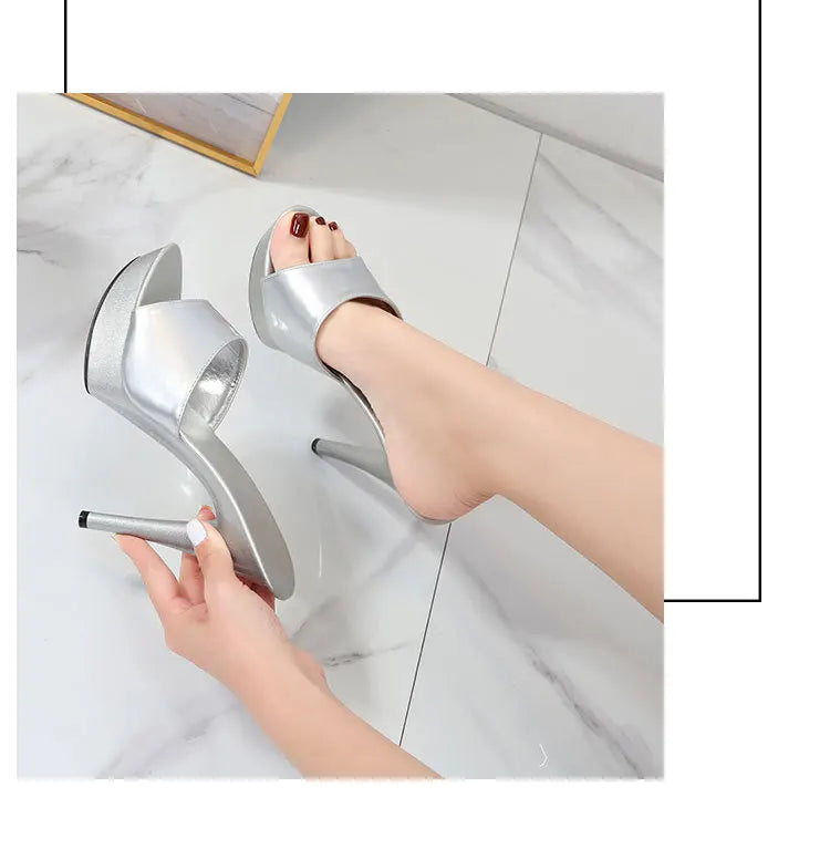 Slippers Women Summer 2022 New Black High Heels 13 CM  Color Club Sexy High Platform Thin  Party Girl Show Sandals  Size 34-43