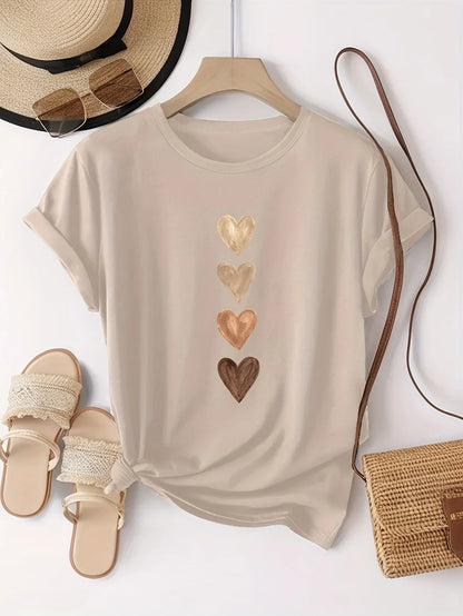 Camiseta Feminina Casual Manga Curta com Estampa Gráfica de Quatro Corações - Preto e Dourado, Gola Redonda com Elasticidade Média