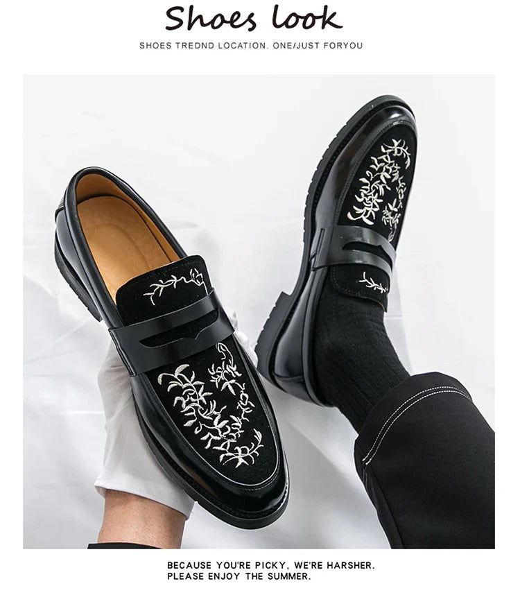 Green Embroidered Man Formal Shoes Autumn Men's Loafers Shoes High Quality Casual Leather Shoes for Men chaussure hommes cuir
