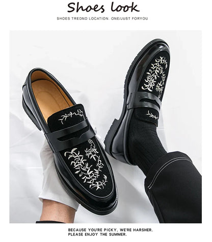 Green Embroidered Man Formal Shoes Autumn Men's Loafers Shoes High Quality Casual Leather Shoes for Men chaussure hommes cuir