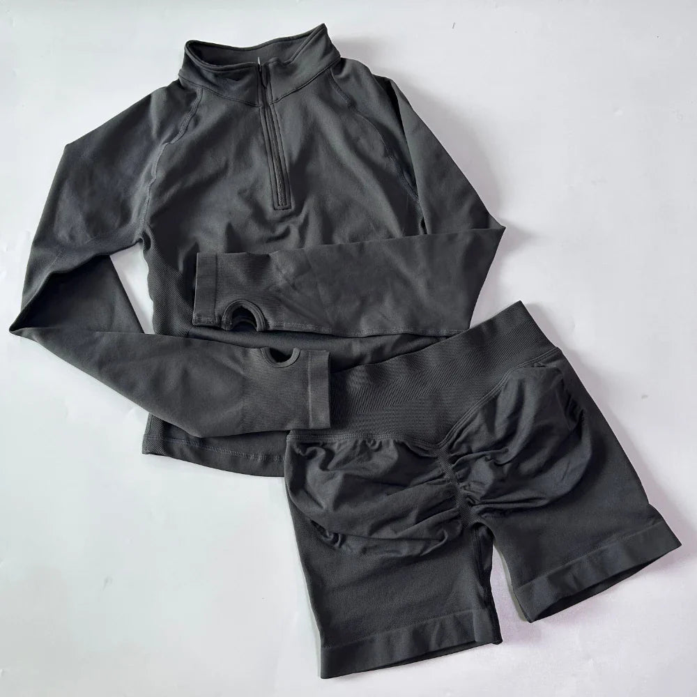 No Logo 2pcs Long Sleeve Yoga Set Women Half Zippy Jacket Longline Sports Top Gym Shorts Fitness Suits Running Coats Workout Set