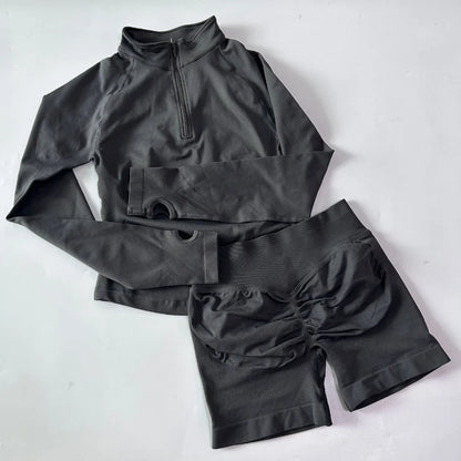 No Logo 2pcs Long Sleeve Yoga Set Women Half Zippy Jacket Longline Sports Top Gym Shorts Fitness Suits Running Coats Workout Set