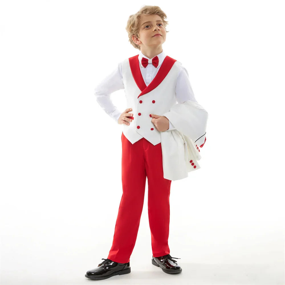 Stylish Occasion Wear Kids White Red Contrast Formal Multi Piece Suit Set Eye Catching Design Perfect For Festival Performance