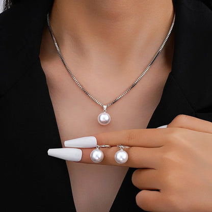 3 Pcs/Set Round Pearl Pendant Necklace For Women Exquisite Fashion Rhinestone Double  Earring Wedding Jewelry Set Gift