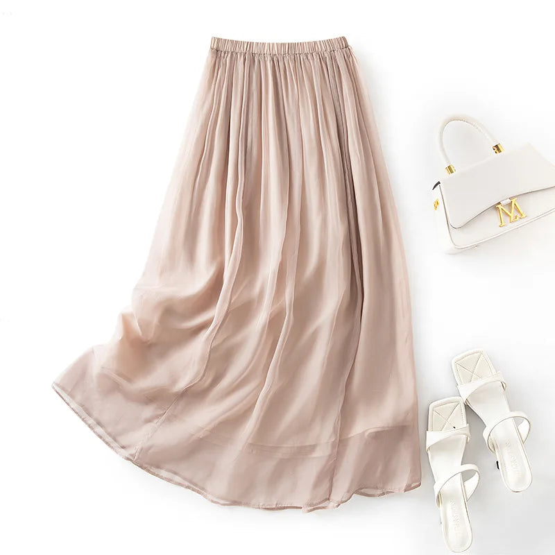 Women 100%Real Silk Elegant Skirts, Elastic Waist Solid, French Temperament Fairy Commute Skirt, 2025 Summer B56433CC