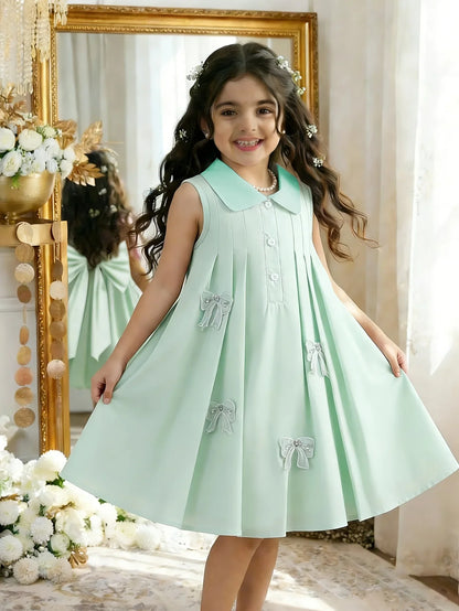 Girl's Summer Fresh Daily Casual Style Green Sleeveless Back Big Bow Flip Collar Half Open Dress Skirt Bow Decoration