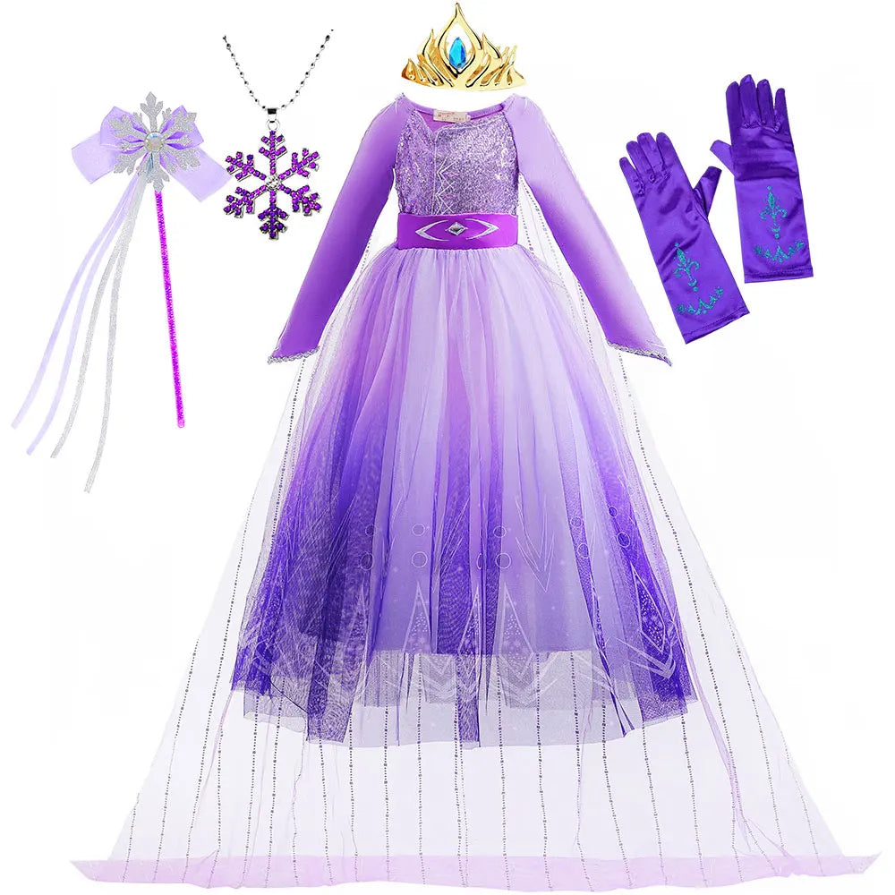 Frozen Cartoon Movie Elsa in Castle Purple Ball Gown with Long Train Princes Snow Queen Elsa Dress for Girls Role Play Halloween