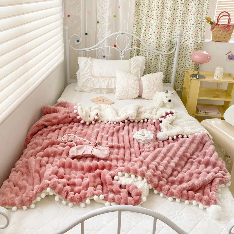 Solid Color Striped Fluffy Blanket Milk Velvet Soft Blanket with Cute Pompoms 3D Stereo Craft Travel Warm Bedding All Season