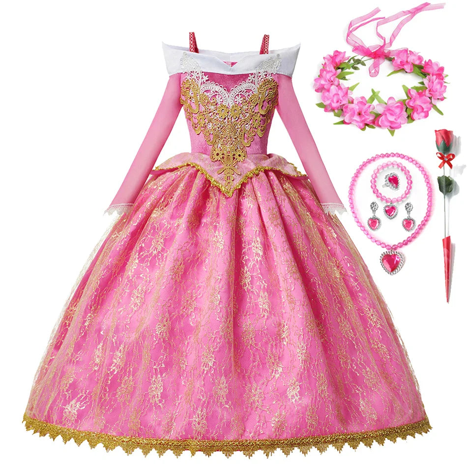 Girls Princess Dress Sleeping Beauty Aurora Cosplay Costume 2025 Kids Carnival Birthday Party Pink  Long Sleeve  Evening Dresses