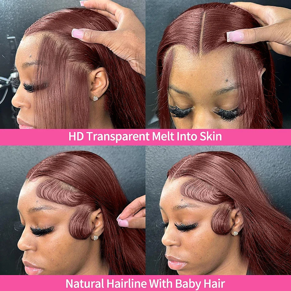 Reddish Brown Straight 13x4 HD Lace Front Human Hair Wigs Brazilian Remy Pre Plucked 30 inch Colored Lace Frontal Wig for Women