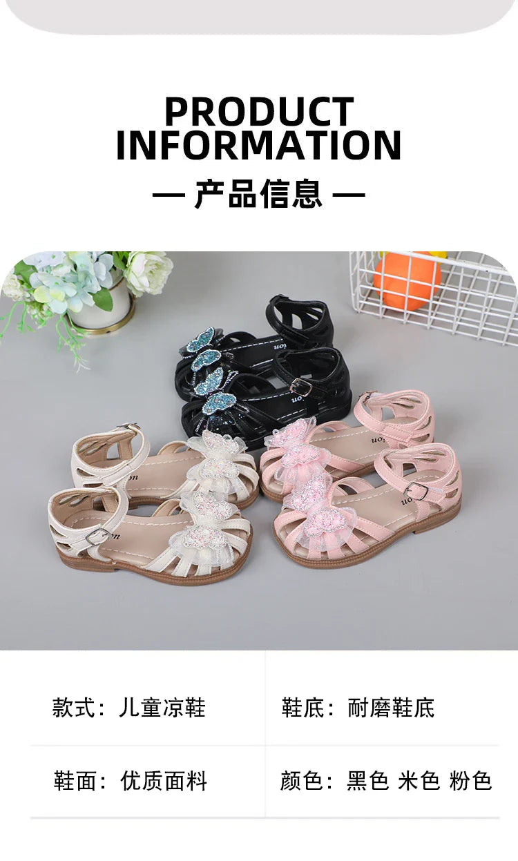 Shine Children Sandals for Girls Butterfly Cute Designer Kids Shoes Peep-toe Korean Style 2023 Summer New Soft Breatheable Chic