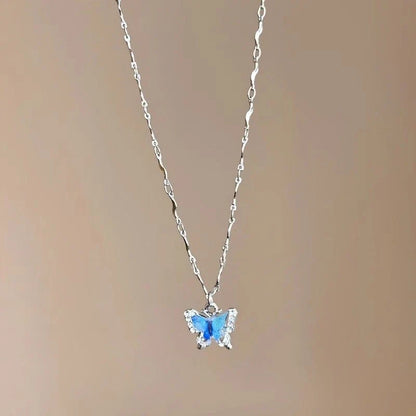 Romantic Blue Crystal Butterfly Necklace for Women Girls Simple Shiny Zircon Bilayer Choker Clavicle Chain New Fine Jewelry