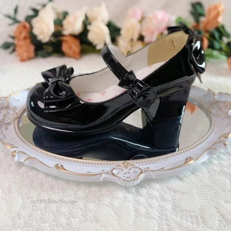 2024 Style Cute Round Head  Jane Pumps With Bow Women's Sweet Party Dress Midi Heels Shoes Fashion PU Sandals