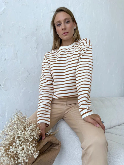 2025 Summer Long Sleeve Striped T-Shirts Women Basic Casual Tops Female Cozy Loose Cotton Tees Harajuku T Shirt New