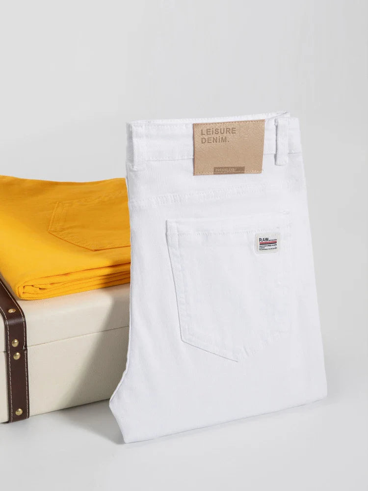 Spring Summer White Slim Fit Jeans Men Casual Thin Straight Leg Stretch Denim Pants Solid Color Streetwear Daily Wear Trousers