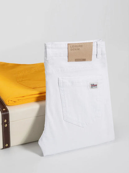 Spring Summer White Slim Fit Jeans Men Casual Thin Straight Leg Stretch Denim Pants Solid Color Streetwear Daily Wear Trousers