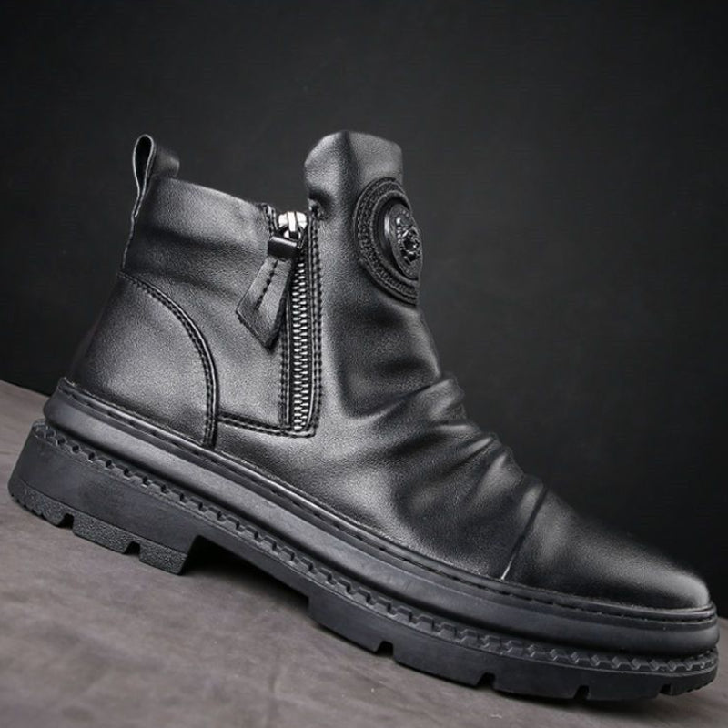 Men's Motorcycle Leather Boots British Style Round Head High Top Shoes Side Zip Walking Casual Platform Boots Bota Masculina