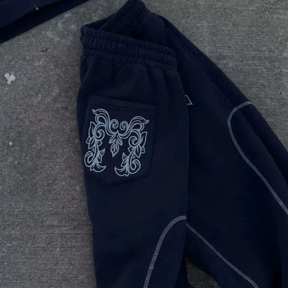 American Y2K Casual Zipper Hoodie Sweatpant Two Piece Set HipHop Oversized Embroidery Sweatshirts Men Women Casual Pants