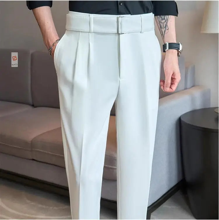 Quality Male Boutique Men Formal Wear Wedding Dress Trousers Men Belt Design British Style Business Casual Slim Suits Pants 3XL