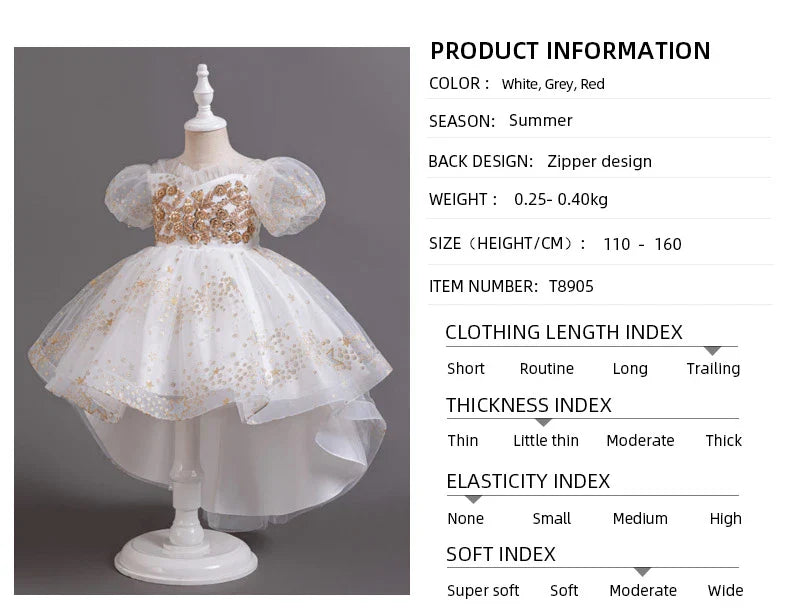 Girl Tail Wedding Bridesmaid Dress Children's Elegant Banquet Dress Children's Round Neck Sleeveless Dress Girl