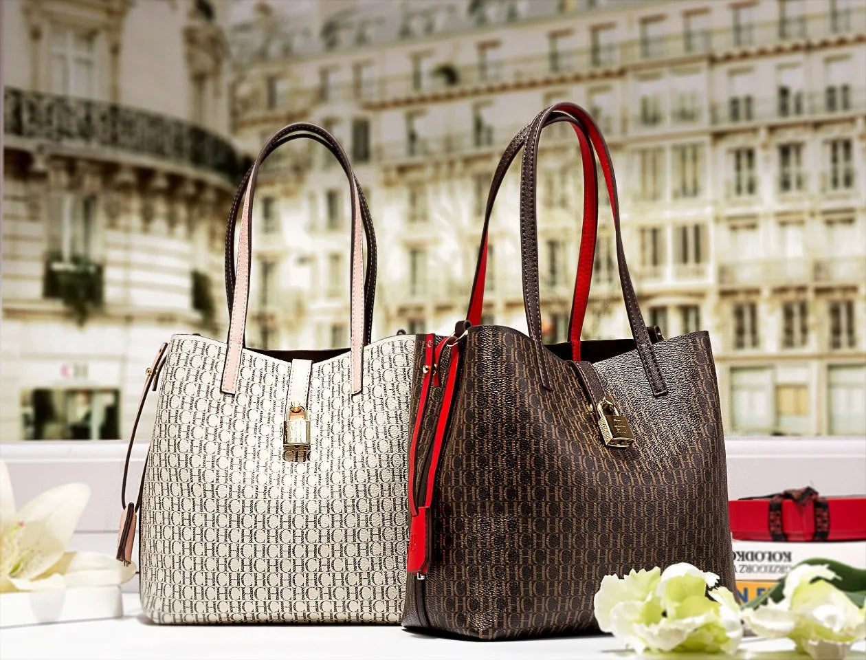 Stylish Monogram Tote Bag Lock Decorative Detail Top Handles Detachable Crossbody Strap Fashion Shoulder Bag